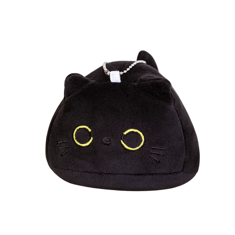 Soft black plush with embroidered yellow eyes and black ears, front-facing view