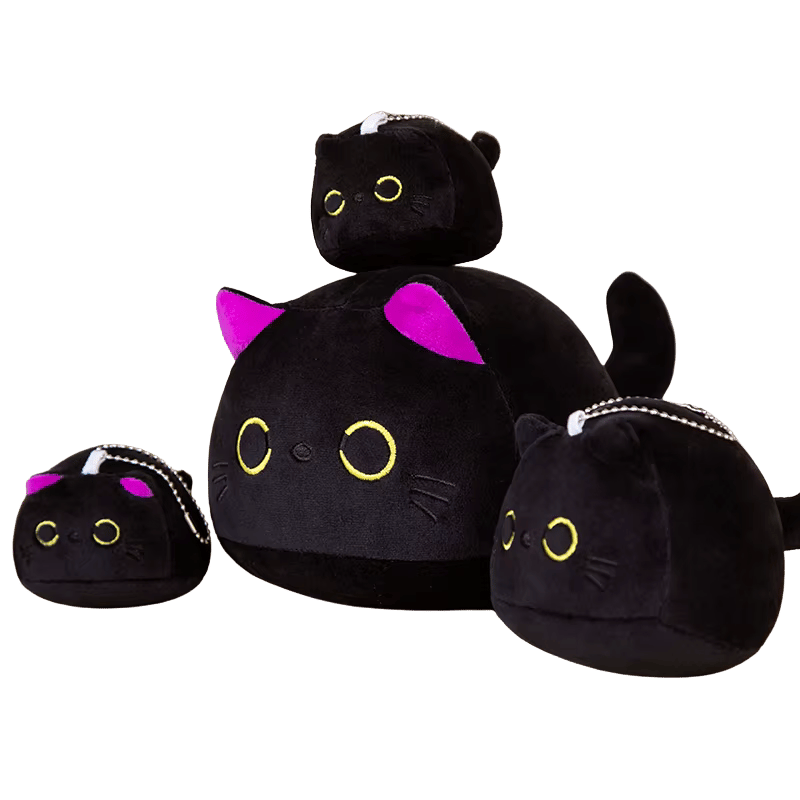 Mini and large black cat plushies with pink ears from Proper Plushies, displayed together