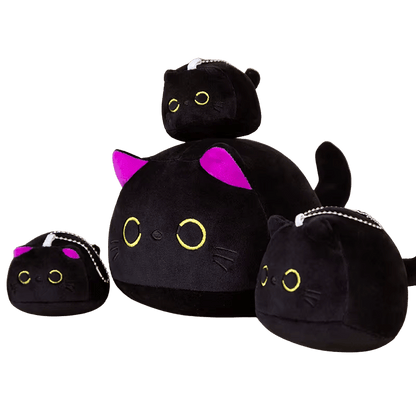 Mini and large black cat plushies with pink ears from Proper Plushies, displayed together